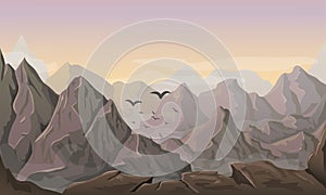 Vector mountain landscape illustration. beautiful horizontal nature background with hills and peaks at vivid sunset