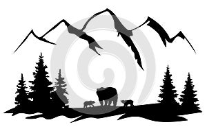 Vector Mountain Landscape With Trees, Bears.