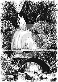 Vector mountain landscape with waterfall by hatching in eps, nat