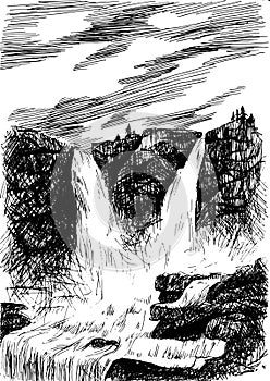 Vector mountain landscape with waterfall by hatching
