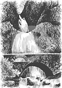 Vector mountain landscape with waterfall by hatching