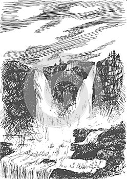 Vector mountain landscape with waterfall by hatching