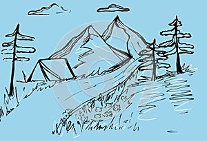 Vector mountains. Black lines on a blue background