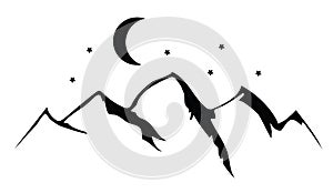 Vector Mountains, Moon, Stars, Nature Background.