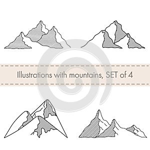 Vector mountains silhouettes set. 4 isolated illustrations