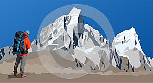 Vector of mounts Cholatse and Tabuche peak as seen from the way to Mount Everest base camp and hiker with big backpack