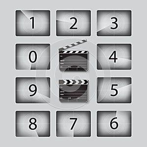 Vector Movie countdown numbers set with clapperboards in different positions.