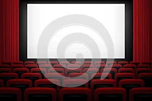 Vector movie theatre background with white screen red curtains and chairs.