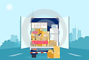 Vector of a moving truck with cardboard boxes and furniture inside