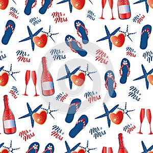 Vector Mr and Mrs typography, flip flop shoes, starfish, hearts, shells champagne glasses. Red, white, blue beach