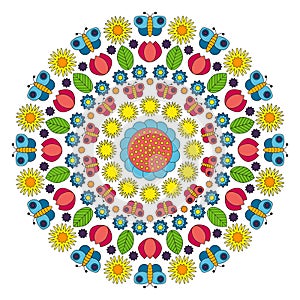 Vector multi colored spring mandala with flowers, butterflies, leaves and tulips - adult coloring book page