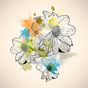 Vector multicolor grunge vintage drawing flower concept background