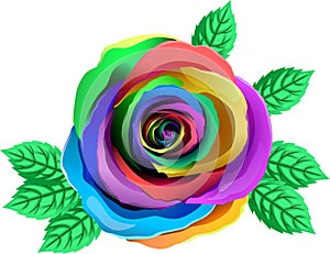 Vector Multicolor Rose. Rainbow Flower With Bright Petals. Rose With Leaves Clipart.