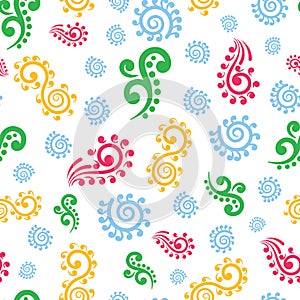 Vector multicolored koru elements seamless pattern