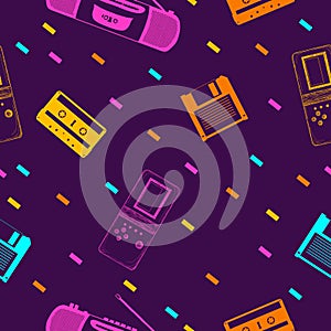 vector multicolored seamless background with objects from 90s