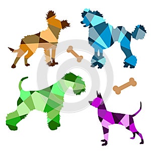 Vector multicolored set geometric silhouettes of dogs