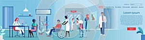 Vector of multicultural patients standing in hospital hall with doctors and nurses assiting