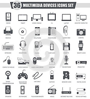 Vector Multimedia devices black icon set. Dark grey classic icon design for web.