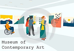Vector Museum of contemoarary art in flat cartoon style. Exhibition visitors viewing modern abstract paintings. Woman, couples,
