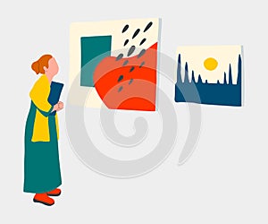 Vector Museum of contemoarary art in flat cartoon style. Exhibition visitors viewing modern abstract paintings. Woman, couples,