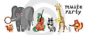 Vector music cartoon animals musicians playing musical instruments.