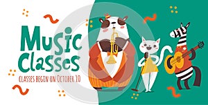 Vector music classes advertisement flyer design with cute animals playing music