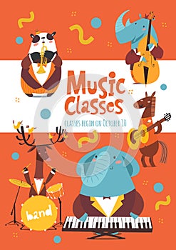 Vector music classes advertisement flyer or poster design with cute animals playing music