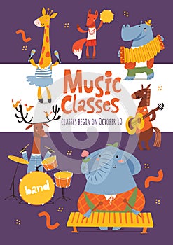 Vector music classes advertisement flyer or poster design with cute animals playing music instrument