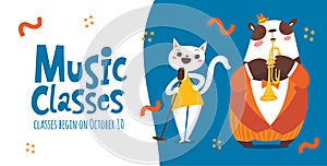 Vector music classes advertisment flyer or poster design with cute animals playing music instruments