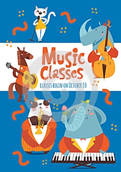 Vector music classes or lessons poster design with cute animals playing music