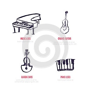 Vector music logo set. Freehand grunge style with piano, guitar