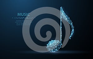 Vector music note. Abstract wire low poy quarter note illustration on dark blue background with stars.