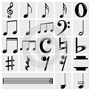 Vector music note icons set on gray