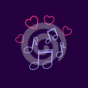 Vector Music Notes ans Hearts Neon Sign Glowing on the Dark Background, Colorful Illustration, Night Signage