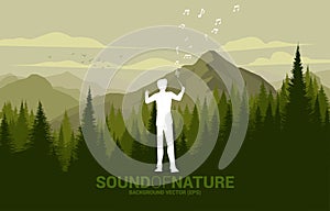 Vector Music orchestra conductor with green forest and big mountain.