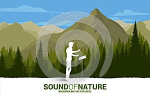 Vector Music orchestra conductor with green forest and big mountain.