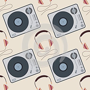 Vector music seamless pattern with vinyl record players and headphones