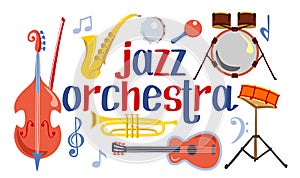 Vector musical instruments or jazz orchestra. Double bass, saxophone, drums, acoustic guitar, jazz trumpet and maracas