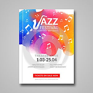 Vector musical poster design. Watercolor stain background. Jazz, rock style billboard template for card, brochure