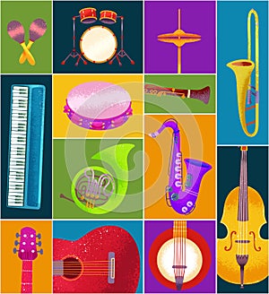 Vector musical seamless pattern with jazz musical instruments. Background for music events, concerts, template for