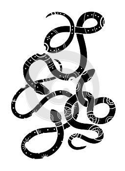 Vector mystery illustration with tangled tracery snakes. Monochrome tribal clipart with serpents. Boho reptile silhouette