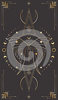 Mystic celestial background with golden outline insect, stars, moon phases and crescents. Sacred geometric tarot card cover