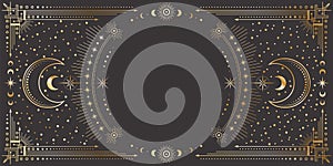 Vector mystic celestial golden frame with stars, moon phases, crescents, arrows and copy space. Ornate shiny magical border