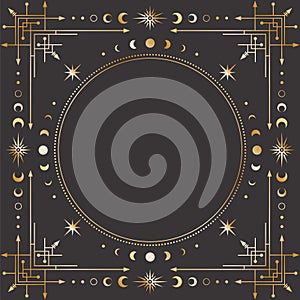 Vector mystic celestial square golden frame with stars, moon phases, crescents, arrows and copy space. Ornate geometric border