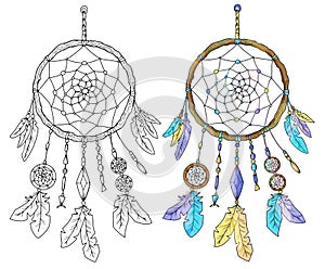 Vector Mystic illustration with occult, esoteric and gothic symbol of dreamcatcher isolated on white, black and white and colorful