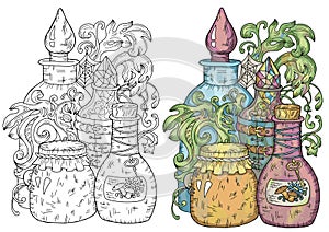 Vector Mystic illustration with occult, esoteric and gothic symbol of witch bottle of potion and herbs isolated on white, black