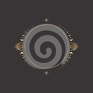 Vector mystical celestial frame with a golden stars, moon phases and copy space. Ornate round shiny magical isolated design