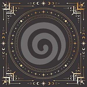 Vector mystical celestial square golden frame with stars, moon phases, crescents, concentrical circles, arrows and copy space