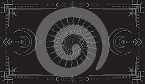 Vector mystical dark boho background with ornate outline geometric frame, moon phases, sun, crescents and stars