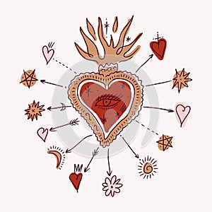 Vector mystical groovy vintage whimsical doodle sacred heart. Valentines love characters. Hand-drawn sketchy set, Jesus